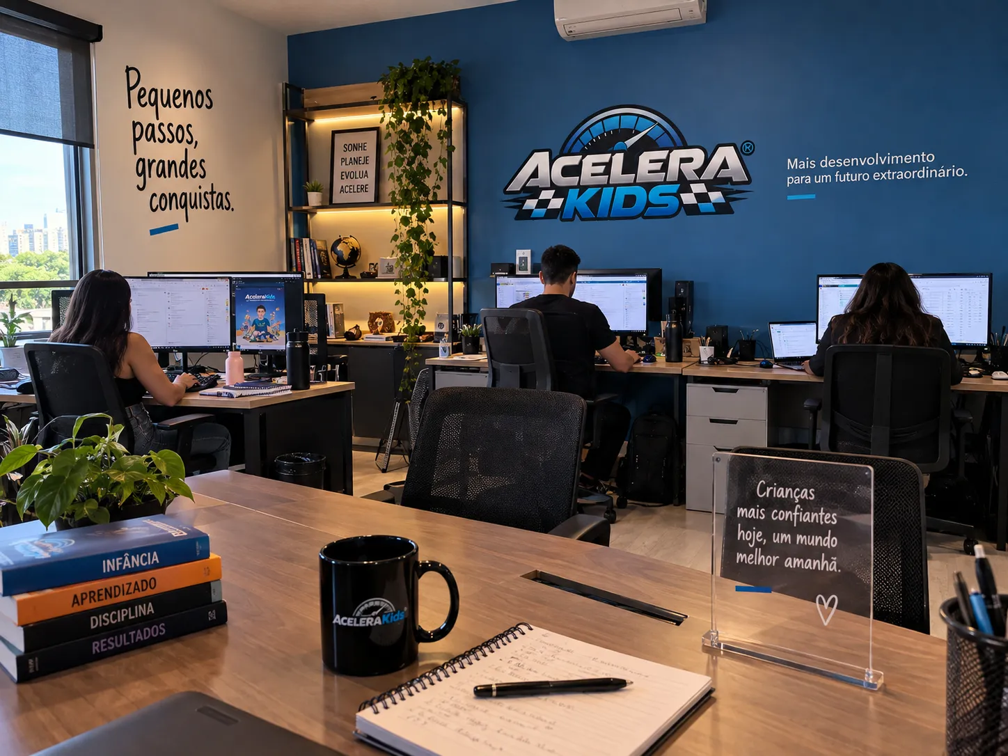 Escritório da equipe Acelera Kids com a logo na parede e atendentes trabalhando